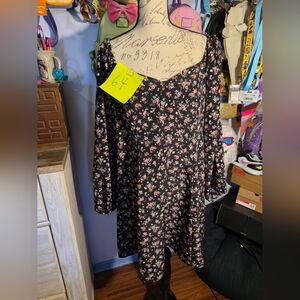 Forever 21 Black Floral Dress Plus Size 1x Long Balloons Sleeves Fit Flare